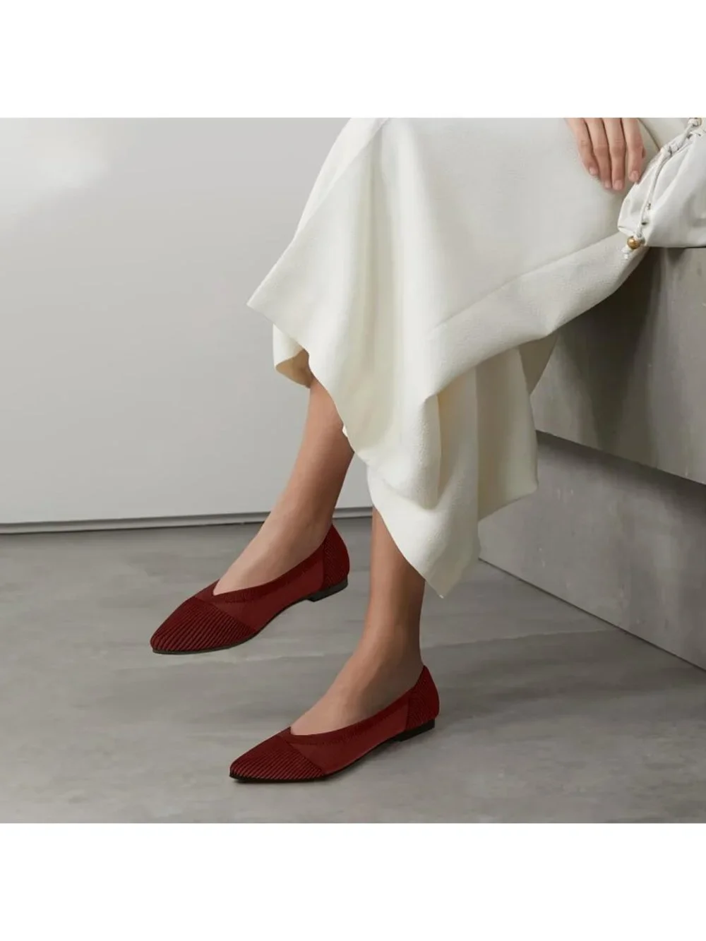 Women's Red Knit Ballet Flats Pointed Toe Comfortable Mesh Casual Shoes